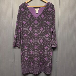 Magnolia Grace Purple Black Geometric Medallion V-Neck 3/4 Sleeve Dress XXL